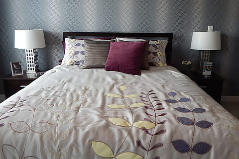 pillows in bedroom, various, bed, bedroom, home, house, interior, interiors, furniture, domestic room, home interior, indoors, linen, textile, pillow, sheet, no people, comfortable, home showcase interior, luxury, lighting equipment, night table, cozy, electric lamp, wealth, modern, purple, side table, duvet, 4K