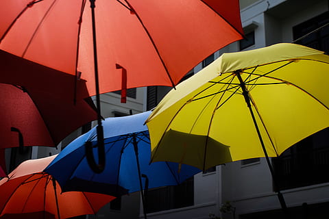 color umbrellas, various, rain, protection, umbrella, security, no people, red, multi colored, outdoors, day, low angle view, transportation, in a row, safety, yellow, group of objects, nature, close-up, medium group of objects, pattern, mode of transportation, 4K