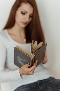 beautiful, young, woman reading, book, adult, caucasian, female, girl, woman, relaxing, reading, indoor, student, one person, holding, young adult, indoors, women, activity, hairstyle, long hair, publication, front view, hair, brown hair, young women, sitting, paper, literature, beautiful woman, note pad, human hair, contemplation, 5K