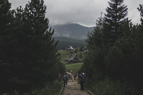 mennesker, stående, etage, skyer, mørke skyer, dagslys, miljø, tåge, tåget, Skov, græs, vandretur, huse, landskab, bjergtop, bjerge, natur, vej, naturskøn, himmel, træer, ubundet vej, træ, gruppe af mennesker, plante, bjerg, rigtige mennesker, herrer, stor gruppe mennesker, rejse, dag, menneskemængde, skønhed i naturen, arkitektur, fritidsaktivitet, voksen, livsstil, bygget struktur, vækst, rejsemål, udendørs, 5K, CC0, offentligt domæne, royaltyfrie