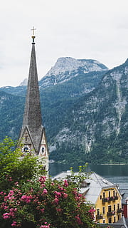cathedral, mountain, distance, built structure, architecture, building exterior, religion, belief, building, spirituality, plant, place of worship, nature, sky, beauty in nature, flowering plant, flower, day, tower, no people, spire, mountain range, outdoors, 4K, CC0, public domain, royalty free