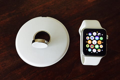 smartwatch, technology, tech, watch, wireless technology, communication, table, mobile phone, high angle view, directly above, indoors, smart phone, portable information device, food and drink, connection, wood - material, no people, close-up, multi colored, group of objects, choice, dieting, keypad, crockery, 2K, CC0, public domain, royalty free