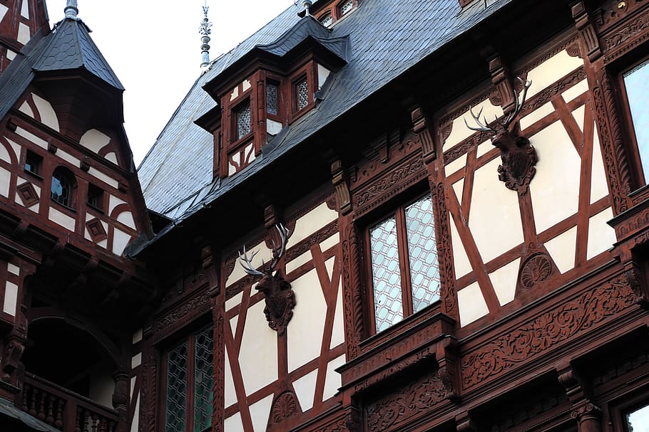 architektura, budova, okno, střecha, Jelen, hrad, peles, hrad peles, střešní okno, věž, kostelní věž, střešní tašky, hodinová věž, stroj, mluvil, kola z lehké slitiny, kolo, zahrada, altán, nízký úhel pohledu, stavba, exteriér budovy, nikdo, den, rezidenční čtvrti, venku, město, Dům, nebe, minulost, starý, Dějiny, Příroda, osvětlovací zařízení, balkón, vyšperkovaný, 5K