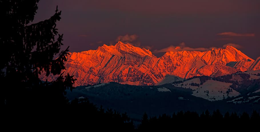 západ slunce, hory, apls, säntis, sníh, Červené, švýcarsko, krajina, zimní, hora, krása v přírodě, scenics - příroda, nikdo, klidné scény, Příroda, nebe, pohoří, mimoměstské scény, klid, životní prostředí, noc, geologie, rostlina, přistát, strom, idylický, sopka, zasněžené hory, horský vrchol, moci, 4K