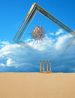 Aussicht, Grafik, grafisch, Himmel, Rahmen, Foto, Land, wolke - himmel, Natur, Sand, Tag, Strand, Blau, Sonnenlicht, die Architektur, gebaute Struktur, keine Leute, draußen, Flachwinkelansicht, Szenen - Natur, Schönheit in der Natur, Horizont, Umgebung, Wüste, Holz - Material, trockenes Klima, 720P, CC0, gemeinfrei, lizenzfrei