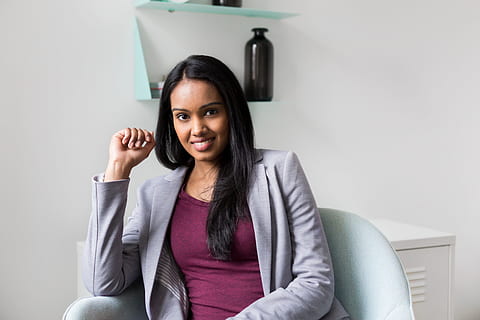 smiling, woman photo, Business, Office, Business woman, Professional, one person, sitting, portrait, front view, young adult, adult, looking at camera, indoors, women, confidence, hair, young women, black hair, long hair, business person, chair, hairstyle, beautiful woman, 4K, CC0, public domain, royalty free