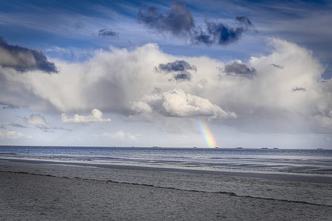 awan, langit, Pelangi, pantai, laut, Laut Utara, Hallig, halogen, cuaca, gelombang, watt, awan - langit, air, horison, scenics - alam, keindahan di alam, cakrawala di atas air, tanah, ketenangan, adegan yang tenang, alam, adegan non-urban, hari, tidak ada orang, idilis, pasir, di luar rumah, kekuatan di alam, 5K, CC0, domain publik, bebas royalti