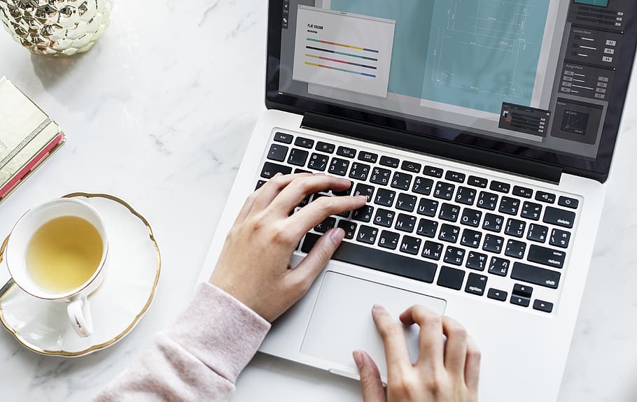 blogger, browsing, computer, kop, apparat, kvinde, hånd, bærbar, meddelelse, teknologi, trådløs teknologi, bord, forbindelse, menneskelig hånd, drikke, menneskelig kropsdel, høj vinkel visning, tastatur, indendørs, krus, en person, forfriskning, møbel, kaffekop, bruger bærbar computer, maskinskrivning, finger, glas, 4K