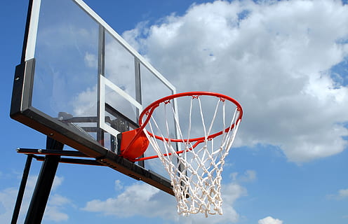 black, white, basketball hoop, action, active, activity, basketball, blue sky, clouds, court, equipment, fun, game, high, hoop, leisure, lifestyle, net, recreation, rim, ring, sport, basketball - sport, sky, cloud - sky, low angle view, net - sports equipment, nature, day, no people, blue, outdoors, metal, absence, leisure activity, sports equipment, red, geometric shape, shape, circle, 2K