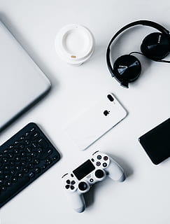 laptop, headphone, keyboard, controller, cup, gaget, technology, minimalist, monochrome, hard drive, external hdd, office, desk, tech, clean, white, silver, disposable, black, ps4, computer, equipment, computer Keyboard, business, remote Control, table, computer Mouse, telephone, internet, pC, black Color, control, backgrounds, electrical Equipment, single Object, no People, headphones, wireless Technology, 2K, CC0, public domain, royalty free