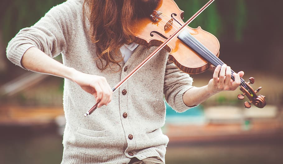 person, playing, brown, violin, string instrument, music, musical instrument, arts culture and entertainment, musician, one person, artist, focus on foreground, musical equipment, holding, violinist, skill, performance, day, front view, adult, string, midsection, bow - musical equipment, teenager, hairstyle, 5K