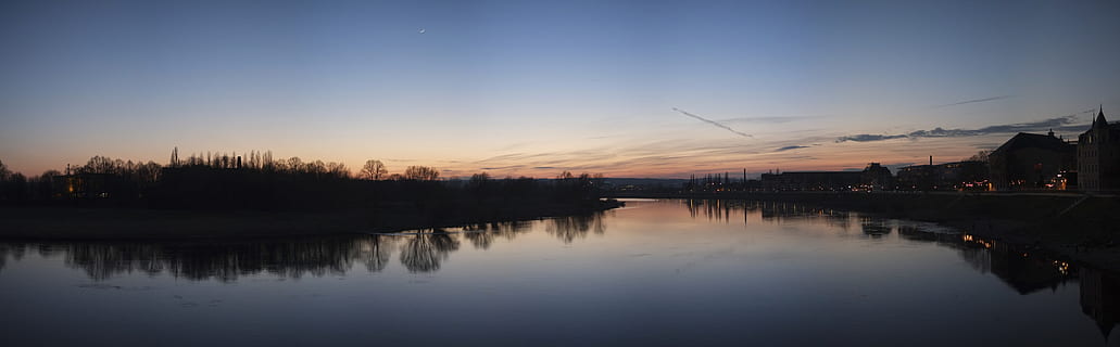 germany, dresden, pieschen, reflection, trees, sunset, water, elbe, dawm, river, sky, tranquility, tranquil scene, scenics - nature, silhouette, beauty in nature, nature, lake, waterfront, no people, idyllic, architecture, cloud - sky, dusk, building exterior, outdoors, 8K, CC0, public domain, royalty free