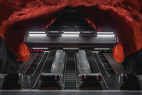 empty gray escalator, indoors, red, architecture, no people, illuminated, transportation, built structure, subway, escalator, arts culture and entertainment, absence, public transportation, technology, motion, travel, sign, architectural column, rail transportation, empty, subway station, 4K, CC0, public domain, royalty free