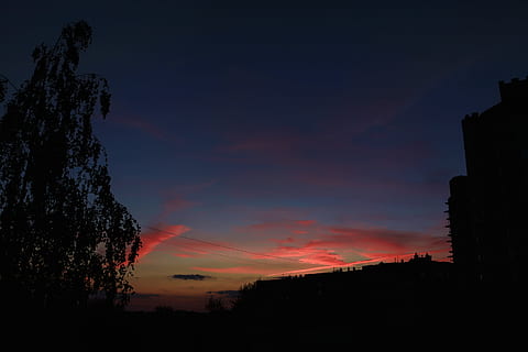 solnedgang, skyscene, silhuet, himmel, sky - himmel, arkitektur, skønhed i naturen, natur, bygget struktur, bygning udvendig, ingen mennesker, scenics - natur, træ, orange farve, rolig scene, bygning, plante, ro, udendørs, idyllisk, lav vinkel visning, 2K, CC0, offentligt domæne, royaltyfrie