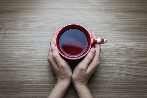 woman, holding, hot, cup, tea, human hand, hand, human body part, one person, red, mug, drink, directly above, food and drink, indoors, table, refreshment, close-up, coffee, coffee - drink, adult, high angle view, finger, drinking, tea cup, nail, human limb, crockery, 4K, CC0, public domain, royalty free