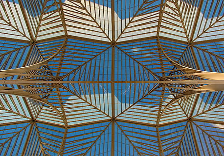 bygning, loft, afspejling, geometriske, mønster, glas, stål, kigger op, struktur, by-, by, himmel, perspektiv, station, tog, lisboa, Calatrava, kolonne, bjælke, tag, bygget struktur, fuld ramme, arkitektur, ingen mennesker, lav vinkel visning, baggrunde, dag, indendørs, geometrisk form, blå, direkte under, design, form, beskyttelse, skyfri himmel, arkitektoniske træk, 5K, CC0, offentligt domæne, royaltyfrie