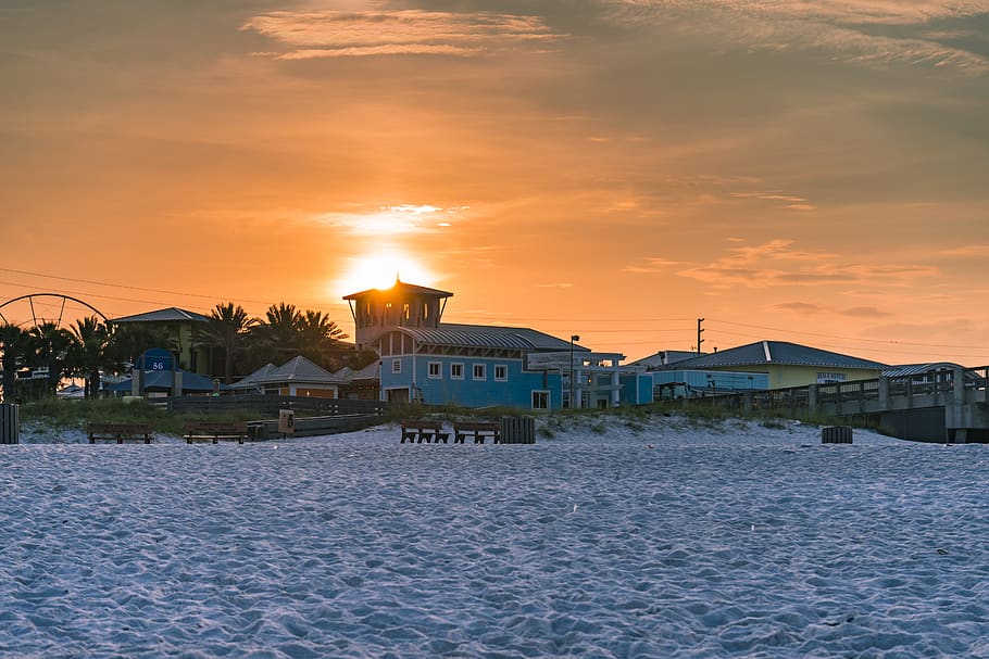 nave dock, tramonto, spiaggia, costruzione, cielo, stati Uniti, spiaggia di Panama City, sabbia, riva, mare, città, Casa, Cottage, alloggiamento, villa, costa, acqua, natura, oceano, all'aperto, architettura, struttura costruita, esterno dell'edificio, lungomare, nuvola - cielo, nessuno, colore arancione, riflessione, bellezza nella natura, increspato, fiume, 5K