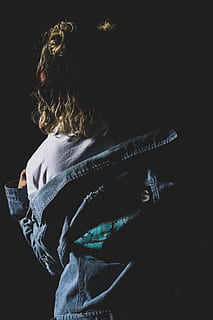 back, white, threads, hair, curly, balck, whjte, black, blue, jeans, jean, rear view, one person, black background, indoors, lifestyles, studio shot, women, casual clothing, real people, adult, leisure activity, standing, human body part, hairstyle, waist up, copy space, young adult, clothing, dark, 5K, CC0, public domain, royalty free