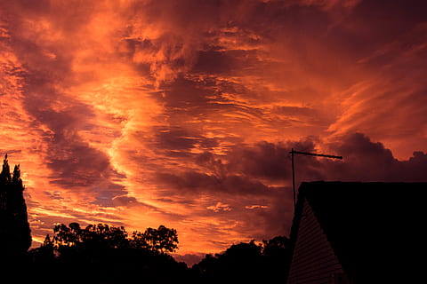 photography, sky, dawn, backlit, clouds, cloudscape, cloudy, dark, nature, scenery, scenic, sunrise, sunset, trees, architecture, building exterior, built structure, cloud - sky, building, silhouette, low angle view, orange color, no people, dramatic sky, tree, place of worship, outdoors, communication, religion, beauty in nature, tower, spire, 5K, CC0, public domain, royalty free