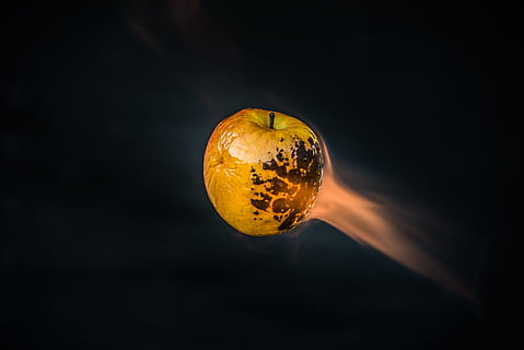 still, items, things, fiery, fire, flame, torched, apple, heat, food and drink, healthy eating, food, single object, fruit, studio shot, no people, black background, yellow, close-up, orange color, indoors, wellbeing, nature, dark, copy space, citrus fruit, cut out, celebration, 5K, CC0, public domain, royalty free