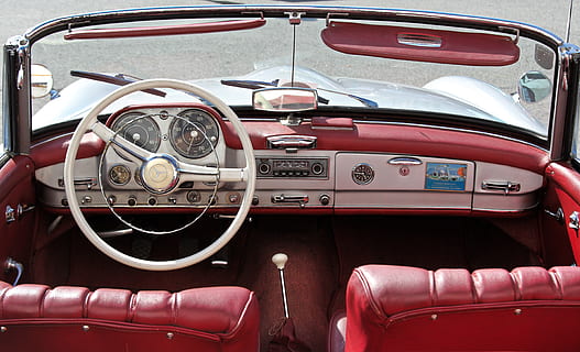 speedo, tachometer, auto, dashboard, vehicle, steering wheel, interior, ad, mercedes, design, technology, horn, autoradio, gear lever, sun visor, mode of transportation, transportation, car, retro styled, motor vehicle, land vehicle, red, vehicle interior, car interior, indoors, seat, control panel, vintage car, convertible, day, windshield, no people, luxury, antique, 4K, CC0, public domain, royalty free