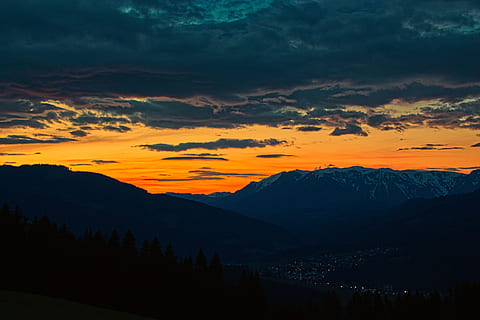 západ slunce, hora, krajina, styria, schneealpe, mraky, slunce, večer, abendstimmung, nebe, scénický, Krásná, Příroda, turistika, krása v přírodě, scenics - příroda, mrak - nebe, klid, klidné scény, idylický, oranžová barva, životní prostředí, pohoří, mimoměstské scény, nikdo, strom, rostlina, silueta, přistát, venku, horský vrchol, 5K, CC0, veřejná doména, bez autorských práv