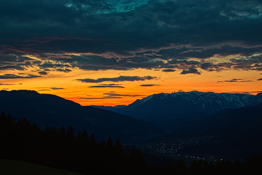 západ slunce, hora, krajina, styria, schneealpe, mraky, slunce, večer, abendstimmung, nebe, scénický, Krásná, Příroda, turistika, krása v přírodě, scenics - příroda, mrak - nebe, klid, klidné scény, idylický, oranžová barva, životní prostředí, pohoří, mimoměstské scény, nikdo, strom, rostlina, silueta, přistát, venku, horský vrchol, 5K