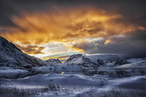 snow capped mountain, beautiful, clouds, cloudy, cold, dawn, dramatic sky, ethereal, evening, frozen, HD wallpaper, landscape, lofoten, lofoten archipelago, Lofoten islands, mountain peak, mountains, natural, nature, northern norway, orange sky, scenery, scenic, scenic landscape, season, sky, snow, snowy, sun, sunset, water, winter, cold temperature, cloud - sky, scenics - nature, beauty in nature, tranquil scene, tranquility, environment, mountain, non-urban scene, no people, idyllic, snowcapped mountain, ice, 4K, CC0, public domain, royalty free