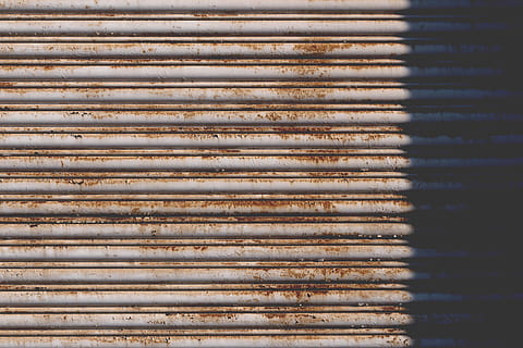 brown roller shutter, pattern, metal, backgrounds, no people, full frame, iron, corrugated iron, repetition, day, close-up, shutter, silver colored, rusty, protection, textured, security, safety, closed, in a row, iron - metal, corrugated, 8K, CC0, public domain, royalty free