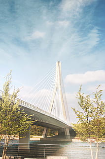 white bridge , architecture, bridge, infrastructure, river, road, suspension bridge, sky, bridge - man made structure, built structure, water, cloud - sky, connection, tree, engineering, plant, nature, transportation, day, low angle view, cable-stayed bridge, 5K, CC0, public domain, royalty free