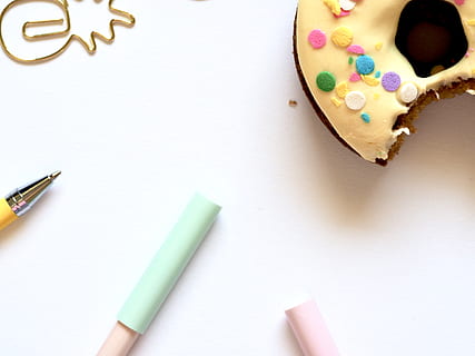 ballpoint pen, beside, doughnut, background, composition, conceptual, design, desktop, donut, flatlay, motley, pen, white, white space, indoors, still life, high angle view, writing instrument, food and drink, table, sweet food, pencil, sweet, no people, white background, indulgence, food, multi colored, directly above, baked, close-up, dessert, unhealthy eating, temptation, colored pencil, 4K, CC0, public domain, royalty free