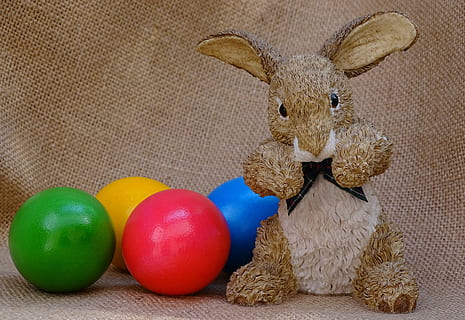 easter bunny, easter egg, hare, easter, egg, decoration, easter theme, easter decoration, colorful, celebration, indoors, animal themes, holiday, animal, mammal, animal representation, still life, representation, art and craft, toy, stuffed toy, close-up, rabbit - animal, no people, 4K, CC0, public domain, royalty free
