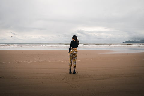 woman, standing, shoreline, back view, beach, breeze, cloudy, fashion, fashionable, female, hair flying, horizon, leisure, model, ocean, outfit, photoshoot, relaxation, saltwater, sand, sandy, sea, shore, sky, style, tide, vacation, waves, wind, windy, land, one person, full length, water, beauty in nature, cloud - sky, leisure activity, scenics - nature, lifestyles, real people, casual clothing, horizon over water, nature, outdoors, 5K, CC0, public domain, royalty free