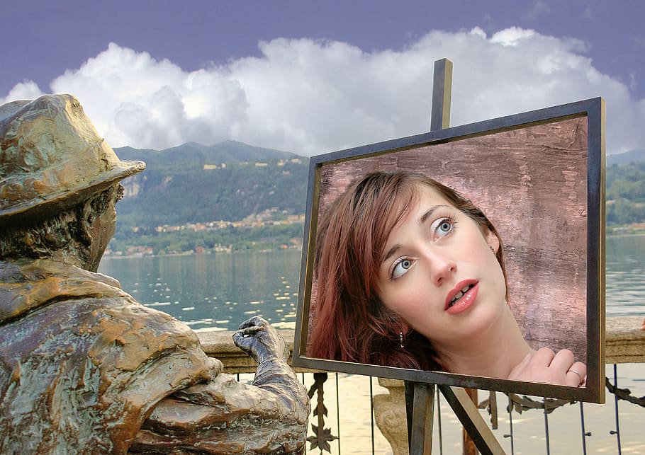 pintor, actriu, musa, el marc, pintura, estàtua, tinte, color, artístic, artista, dona, colors, vermell, il·lustració, dibuix, colorit, brillant, entreveure, orta san giulio, Borgo, una persona, adult jove, retrat, tirada al cap, dones, dones joves, cel, núvol - cel, persones reals, naturalesa, arquitectura, bellesa, estils de vida, dona guapa, adult, mirant, cabell, pentinat, a l'aire lliure, contemplació, rostre humà, 5K