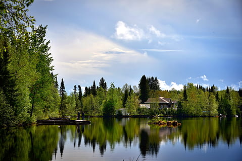 black, sailing boat, body, water, blue sky, canada, clouds, conifer, daylight, dock, environment, fair weather, forest, nature, people, quebec, reflection, rest house, scenic, sky, summer, trees, wood, tree, plant, lake, beauty in nature, scenics - nature, waterfront, tranquil scene, tranquility, cloud - sky, growth, no people, green color, non-urban scene, architecture, built structure, reflection lake, 5K, CC0, public domain, royalty free