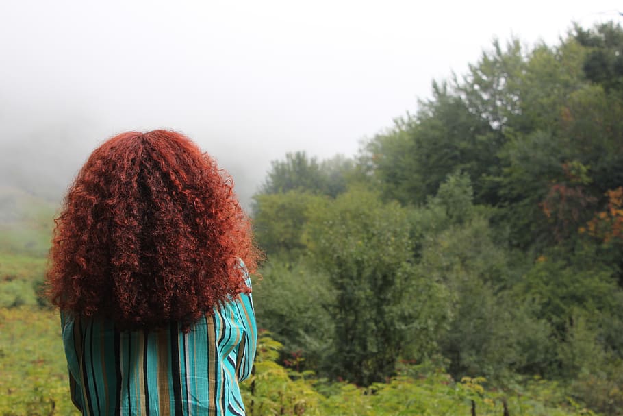 gril, boira, bosc, sol, verd, arbre, planta, vista del darrere, una persona, naturalesa, terra, dia, roba, adult, cel, de peu, cintura cap amunt, activitat d'oci, pluja, paisatge, medi ambient, a l'aire lliure, mirant la vista, cara oculta, pentinat, 5K