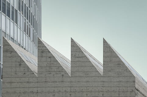 gray concrete structure, building, office building, architecture, triangle, urban, town, city, high rise, pillar, column, monument, wall, spire, tower, steeple, opera house, downtown, concrete, obelisk, brick, built structure, building exterior, low angle view, sky, no people, day, clear sky, nature, modern, outdoors, office, glass - material, geometric shape, office building exterior, shape, pattern, sunlight, 4K, CC0, public domain, royalty free