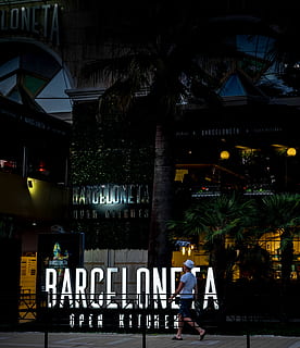 man, walking, front, barceloneta store, bar cafe, lights, night time, restaurant, trees, architecture, tree, built structure, building exterior, city, plant, night, illuminated, real people, nature, palm tree, women, people, men, water, city life, adult, street, outdoors, transportation, 2K, CC0, public domain, royalty free