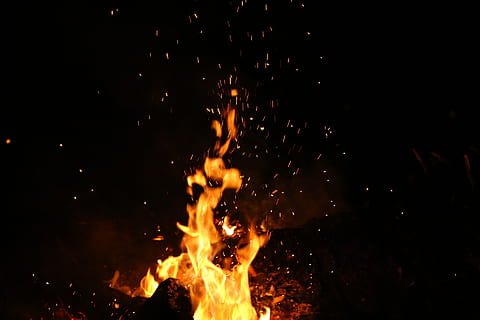 orange, flame, selective, focus photography, burning, dark, fire, night, heat - temperature, fire - natural phenomenon, motion, orange color, glowing, bonfire, blurred motion, nature, long exposure, no people, yellow, outdoors, camping, wood - material, campfire, sparks, black background, 1080P, CC0, public domain, royalty free