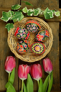 sorbian easter eggs, sorbian easter egg, spring, spring decoration, easter eggs, easter, bossi technology, wax technique, the scratching technique, etching, colorful, design, trend, painted eggs, decorated eggs, diy, osterkarte, easter greeting, easter greetings, blue eggs, colorful eggs, tulips, close up, osterkorb, easter decoration, freshness, food, food and drink, directly above, table, basket, wicker, plant part, container, indoors, no people, leaf, close-up, flower, high angle view, flowering plant, still life, sweet food, multi colored, wood - material, temptation, floral pattern, 4K, CC0, public domain, royalty free