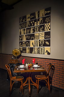 cafe, interior, frame, tables, chair, plates, decoration, wall, art, color, light, cups, table, seat, indoors, absence, no people, food and drink, wall - building feature, furniture, restaurant, business, still life, arrangement, home interior, empty, vase, food and drink industry, drink, food, menu, glass, setting, 4K, CC0, public domain, royalty free