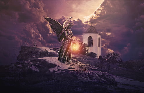 fantezie, gotic, got, întuneric, schit, înger, statuie, Femeie, lampă, ușoară, cer, dramatic cer, nori, vis, mister, misterios, peisaj, gothic background, compuneți, carte de acoperire, Photoshop, nor - cer, natură, arhitectură, construită, exteriorul clădirii, religie, solid, nici o persoana, stâncă, clădire, apus de soare, obiect de rocă, noapte, spiritualitate, lăcaș de cult, în aer liber, animal, 4K, CC0, domeniu public, fără drepturi de autor