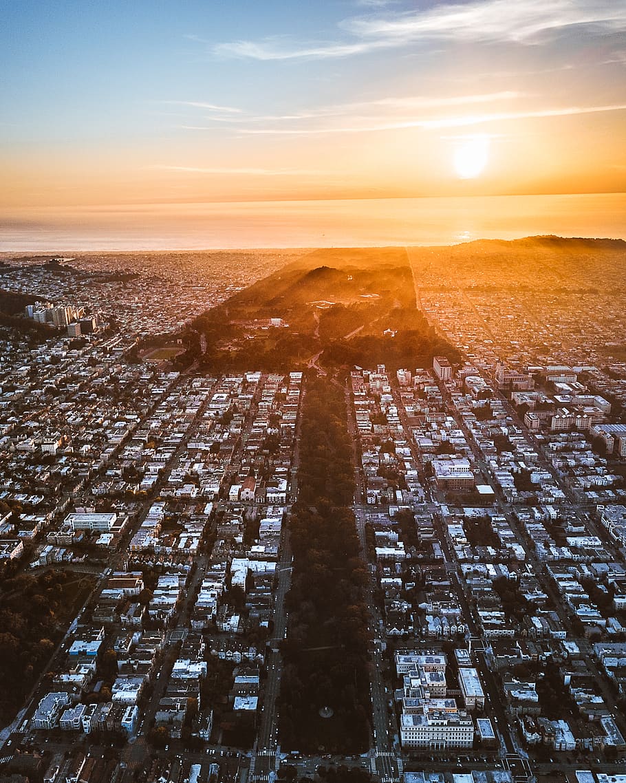 comunitat, aèria, vista, Estats Units, san francisco, Golden Gate Park, ciutat, urbà, edifici, paviment, Camí, vorera, passarel·la, llum solar, cel, vespre, a l'aire lliure, posta de sol, cel vermell, naturalesa, sortida del sol, alba, arquitectura, paisatge urbà, exterior de l'edifici, estructura construïda, vista aèria, barri residencial, cap gent, núvol - cel, escenics - natura, vista d’angle alt, medi ambient, bellesa a la natura, destinacions de viatge, exterior d’edifici d’oficines, gratacels, 2K