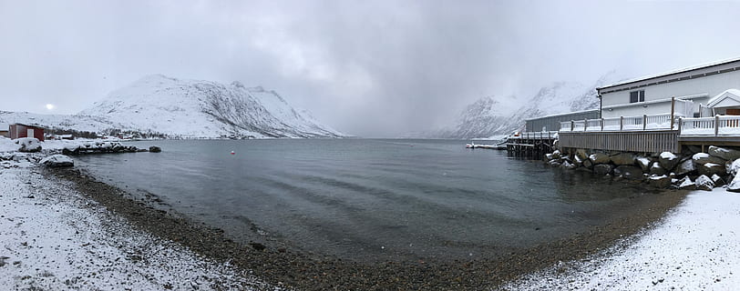 panorama, fotografi, rumah, tubuh, air, awan, berawan, dingin, siang hari, kabut, berkabut, pemandangan, gunung, Norway, salju, tromso, langit, awan - langit, scenics - alam, lingkungan Hidup, tujuan wisata, keindahan di alam, Arsitektur, alam, struktur yang dibangun, suhu dingin, musim dingin, laut, pantai, pariwisata, laguna, tidak ada orang, di luar rumah, 8K, CC0, domain publik, bebas royalti