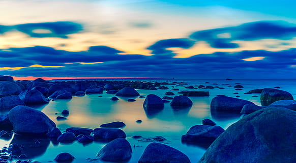 stones, calm, body, water, background, beach, beautiful, blue, bright, clouds, coast, dawn, evening, horizon, landscape, light, nature, ocean, reflection, rocks, shore, the baltic sea, tranquil, sea, sky, cloud - sky, rock, solid, rock - object, scenics - nature, tranquility, tranquil scene, beauty in nature, no people, land, dusk, horizon over water, 4K, CC0, public domain, royalty free