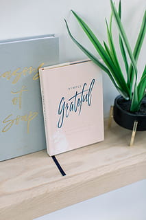 simply grateful case, communication, text, indoors, western script, table, paper, no people, still life, handwriting, high angle view, close-up, wood - material, plant, message, book, greeting card, pen, creativity, publication, gift, flower arrangement, 5K, CC0, public domain, royalty free