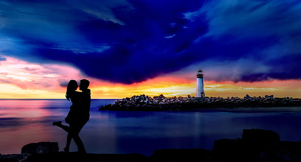solnedgang, fyr, par, Strand, kjærlighet, romanse, landskap, blå himmel, himmel, sky - himmel, arkitektur, silhouette, bygge eksteriør, natur, bygget struktur, vann, én person, skjønnhet i naturen, tårn, naturskjønnhet - natur, stående, oransje farge, utendørs, hav, livsstil, lilla, 4K, CC0, offentlig domene, opphavsrett gratis