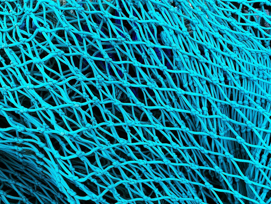 teksturer og mønstre, mønster, struktur, net, fiskegrej, fiskenet, fiskeri, blå, fuld ramme, baggrunde, ingen mennesker, tæt på, turkisfarvet, tekstil, abstrakt, tekstureret, sammenfiltrede, netting, fiskeindustrien, indendørs, høj vinkel visning, ekstrem nærbillede, kompleksitet, forstørrelse, grøn farve, 2K
