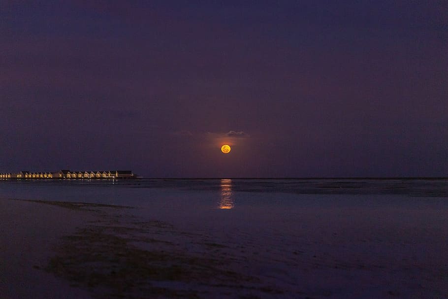costa durant la nit, naturalesa, a l'aire lliure, maldives, mar, oceà, aigua, davant del mar, moll, port, cel, lux * atol sud ari, alba, vespre, posta de sol, cel vermell, nit, lluna, llum solar, Resort, escenics - natura, bellesa a la natura, tranquil·litat, platja, terra, escena tranquil·la, horitzó, horitzó sobre l’aigua, lluna plena, reflexió, cap gent, llum de la lluna, marea baixa, 5K