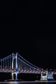 Pont en suspensió, nit, pont, edifici, Busan, Corea del Sud, pont gwangan, humà, persona, 한국, 야경, 대교, 부산, Corea, vista nocturna, metròpolis, ciutat, urbà, a l'aire lliure, naturalesa, connexió, pont - estructura feta per l'home, arquitectura, aigua, estructura construïda, cel, transport, il·luminat, destinacions de viatge, còpia espai, riu, davant del mar, turisme, cap gent, gratacels, llarg, vida nocturna, 4K, CC0, domini públic, lliure de regalies